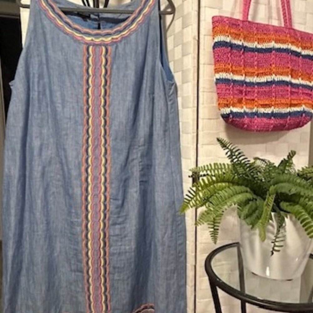 Light Denim Sheath Dress with Embroidery